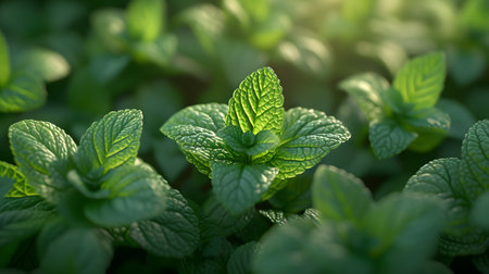 Minty Fresh: Top Macro View of Green Leaves, Perfect Ingredient for Culinary Bliss. Generative AIの素材