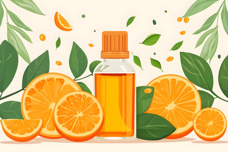 Illustration of Orange Aroma Oil in a Glass Bottle. Generative AIの素材