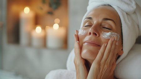Self-Care Splendor: Middle-Aged Woman Indulging in Anti-Aging Facial Massageの素材
