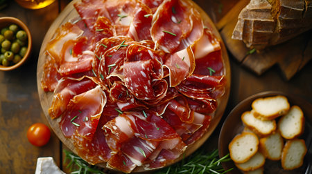Culinary Elegance: Dark Background Setting for Spanish Jamon Plate. Generative AIの素材