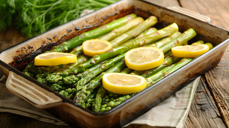 Gourmet Baked Asparagus on a Rectangular Plateの素材
