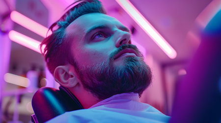 Vintage Barber Charm: Handsome Guy with a Stylish Beard in a Retro Settingの素材
