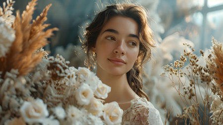 Neutral Boho Vibes: Vintage-Inspired Floral Bouquet with Reed and Botanical Elementsの素材