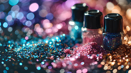 Shining glitters into containers, with a particular focus on the elegant shades of purple and pink. Generative AIの素材