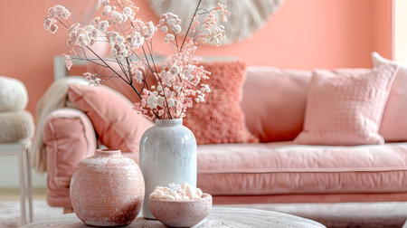 Boho Botanical Haven: Rustic Room Decor with Elegant Herbarium and Pink Wildflowersの素材