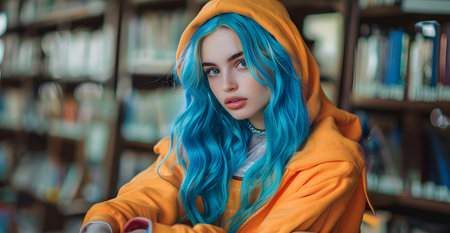 Authentic GenZ Style: Casual Teenager with Blue Dyed Hair in Libraryの素材