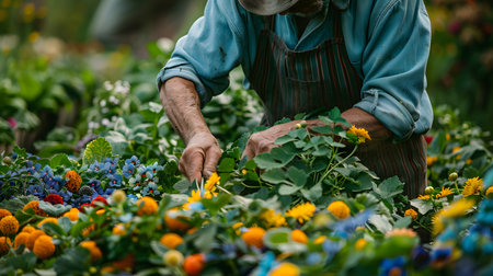 Nature's Bounty: Farmer Cultivating Organic Edible Flowers with Careの素材