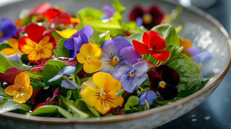Vegan Gourmet Cuisine: Salad Bowl Adorned with Fresh Viola Blossomsの素材