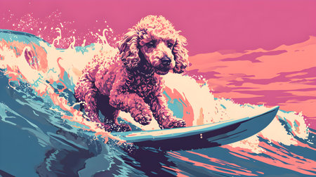 The Poodle puppy is spotted surfing in the ocean, creating big splashes with vibrant pink and blue colors. generative AIの素材