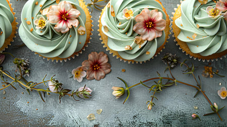 Sage Green Cupcakes with Edible Flower Decorationの素材