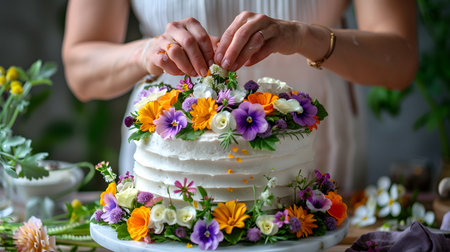 Nature-Inspired Celebration: White Cake Adorned with Blooming Floral Decorの素材