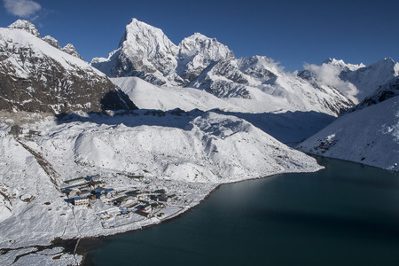 GOKYO, NEPAL - CIRCA OCTOBER 2013: beautiful view of the Himalayas and Gokyo from Gokyo Ri circa October 2013 in Gokyo.のeditorial素材