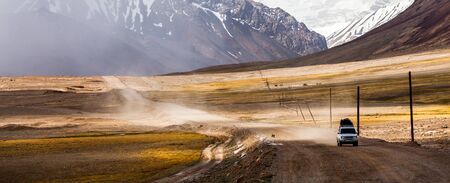 KARAKUL, TAJIKISTAN - CIRCA JUNE 2017: Beautiful view of Pamir Highway in Tajikistan circa June 2017 in Karakul.のeditorial素材