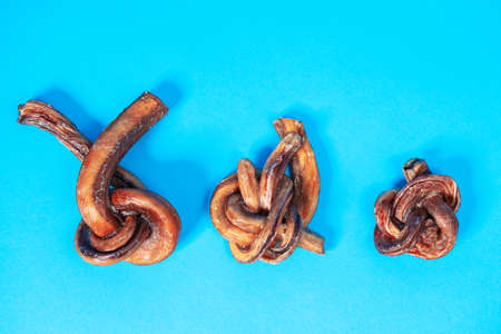 Top view of natural homemade dried cow treats for dogs different sizes on a blue background. Dog...
