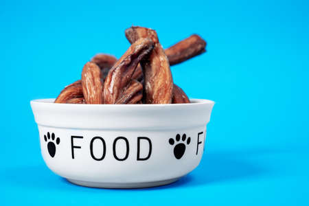 Ceramic bowl with heap of tasty dried snacks pet food on blue background, front view. Healthy nutritionの写真素材