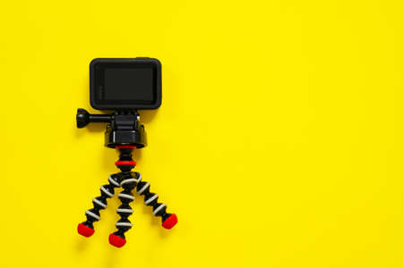 May 08, 2020, Rostov, Russia: Action camera GoPro Hero 8 Black on tripod Gorillapod. Video equipment for moving and mobility, blogging and making interactive content with additional possibilities.のeditorial素材