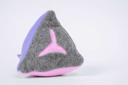 Gray and pink soft textile washable snuffle toy in shape of pyramid for hiding treats for dogs nose...