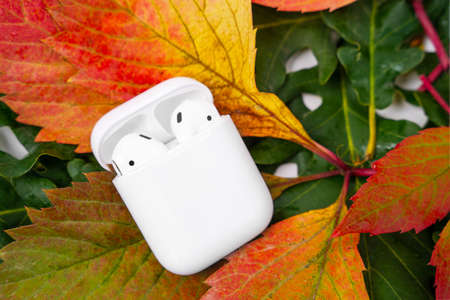 August 29, 2020 Rostov, Russia:Modern wireless rechargeable headphones Apple AirPods in open...