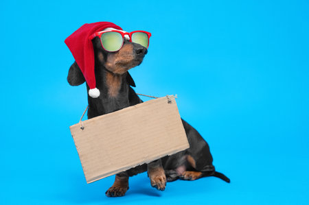 Funny dachshund dog wearing Santa red and white hat, sunglasses, standing sunglasses on blue background in studio with empty cardboard table on neck. Copy space for any text of New Year conceptの写真素材