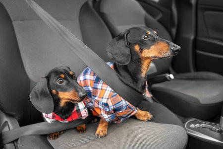 Two generations of funny dachshund dogs in hipster shirts sit in passenger seat of car wearing seatbelts obediently waiting for owner ready for road trip. Safety traveling with pets.の写真素材
