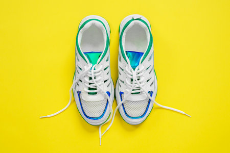 Top view of beautiful white stylish sneakers on a bright trendy yellow background.の写真素材