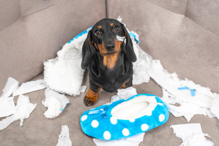 Mess dachshund puppy was left at home alone and started making a mess. Pet tore up furniture and chews home slipper of owner. Baby dog is sitting in the middle of chaos and looks up piteouslyの写真素材