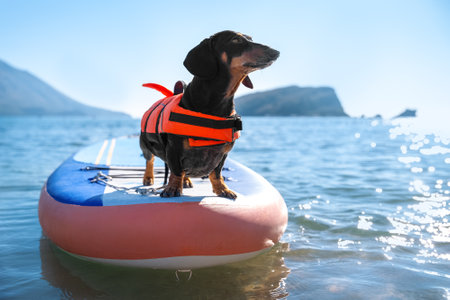 Cute dachshund dog wearing orange life jacket standing on SUP-board as skilled surfer on sea water on sunny day close viewの写真素材