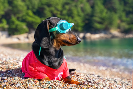 Funny dachshund dog in t-shirt and swimming glasses is sit on sandy beach. Sports and active lifestyle. Entertainment at resort during vacation.の写真素材
