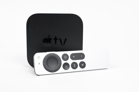 May 29, Rostov, Russia: New unpacked Apple TV 4K console and Siri Remote control with a...