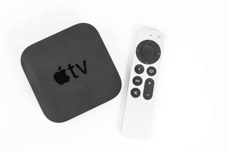 May 29, Rostov, Russia: New unpacked Apple TV console and Siri Remote control with a touch-enabled...