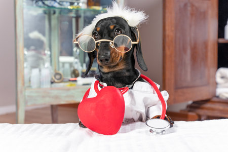 Funny dachshund puppy in tousled wig, glasses and with toy stethoscope plays doctor examining a toy...