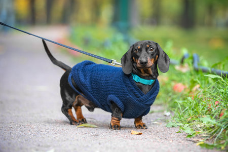 Stylish dachshund puppy in dark blue knitted sweater or cardigan is standing on a path in the middle of city park, front view. Lovely dog on a walk with leash and collarの写真素材