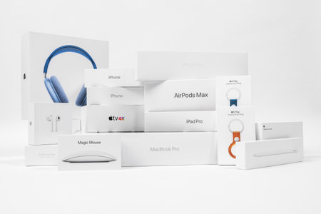 Rostov, Russia - April 04, 2022: Bunch of boxes with iPhone brand devices on white background. Sanctions parallel import. Resellers bought up all new Apple, black friday. Shopaholic purchasesのeditorial素材