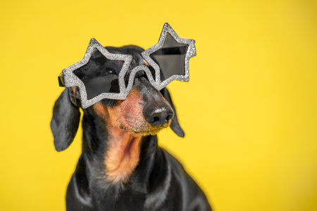 Portrait of a cool dachshund dog, wearing black and silver star-shaped glasses for a party, who sits on a yellow background, front view, copy space for advertising textの写真素材