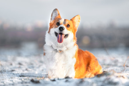 Funny Welsh corgi Pembroke or cardigan sits on snow, illuminated by golden rays of the sun. Happy...