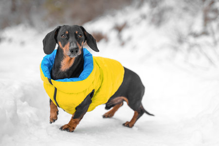 Cute dachshund dog in yellow warm puffed vest stands on ground covered with snow. Pet with an attentive look and raising its paw waiting for the command of owner, front view.の写真素材