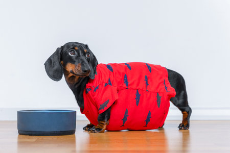 Fat puppy in bright T-shirt stands sideways next to plate of food on floor against light wall. Overweight dog looks pityingly at owner begging for meal, overeating, unbalanced diet. Prevention petの写真素材