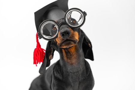 Smart dog in round glasses and an academic cap with a tassel on a gray background. Student in uniform at the graduation ceremony of a school, university, college. Training and education of puppiesの写真素材