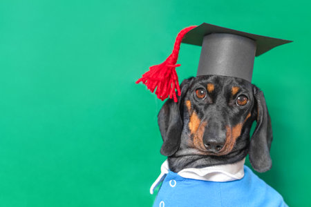 Portrait of dachshund dog graduate student in school uniform student cap tassel green background copy space. Smart puppy clothes cap image of college graduate. Advertising education training courseの写真素材