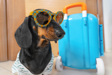 Handsome dog in sunglasses stands at door of hotel with a bright blue suitcase weekend. Advertising hot tours air travel low-cost airline pet transportation. Departure vacation holidays holiday cruiseの写真素材