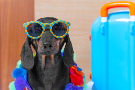 Dog brutal handsome sunglasses colored beads portrait close-up suitcase. Advertisement of hot tours of exotic bright travels hot countries. Incendiary vacation vacation vacation tourism all inclusiveの写真素材