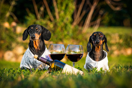 Romantic date wine in park on lawn grass wine glasses. Couple of cute dogs in clothes on romantic picnic on sward a bottle of red wine round glasses. Weekend picnic family vacation lovers in natureの写真素材