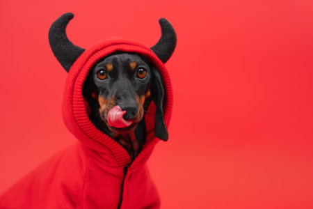 Seductive passionate dog with tongue in hoodie with devil horns on red background. Puppy in fancy dress for Halloween party. The image of seducer, on an advertisement for dating site, pickup coursesの写真素材