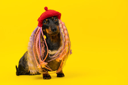 Dog in a wig of dreadlocks in a red beret sits on a yellow background looks innocently. Image of a shy modest elegant, graceful noble lady. Fashion show of stylish pet clothes, modern dog hairstylesの写真素材