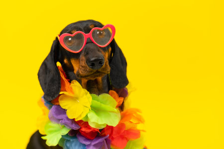 Dog tourist in sunglasses heart, necklace of lei flowers on yellow background. Puppy in bright summer stylish clothes for holidays, beach party Advertisement for exotic travel tours. Clothing for petsの写真素材