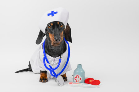Small dachshund dog in suit, cap of charming nurse with stethoscope next to medical equipment, syringe, thermometer sits on its hind legs on white background looks at camera. Checkup at pet vet clinicの写真素材