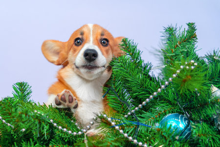 Funny dog corgi next to Christmas tree decorated with garland, ball. Silly puppy with pursed ears staring from family greeting card. Advertisement for children party, congratulations, holidaysの写真素材