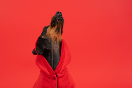 Portrait of a dachshund dog in a bright red hoodie howls at the moon with his muzzle up, funny peeping with his eye. The image of a narcissist, an egoist star with inflated self-esteem posing on stageの写真素材