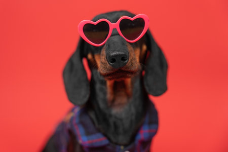 Portrait of fashionable small dog wearing heart-shaped sunglasses, plaid shirt. Collection of clothing, accessories for youth, pet. Seductive dandy puppy Dachshund dressed up for valentines day partyの写真素材