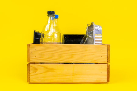 Wooden box, convenient organization of separate collection of garbage, household waste in apartment....